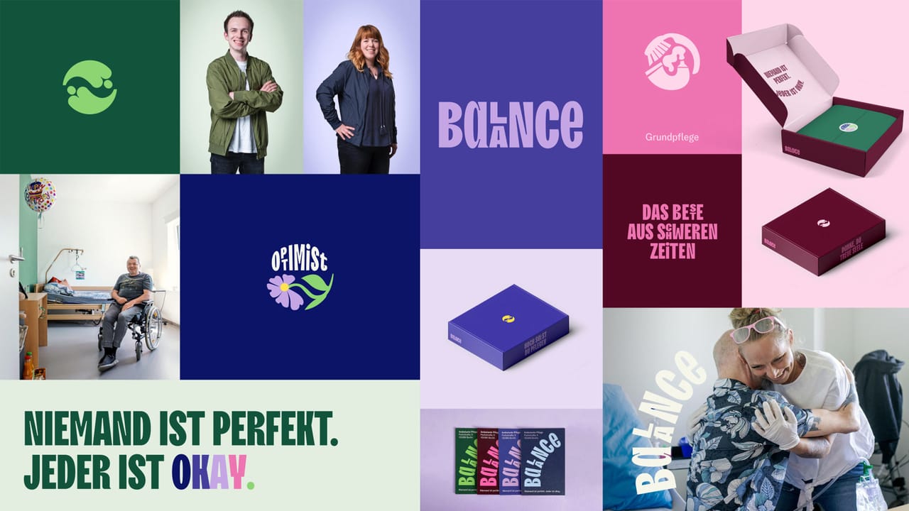Balance brand board: signet, staff and client portraits, the Balance wordmark, gift boxes, business cards and the slogan “Niemand ist perfekt. Jeder ist okay.”