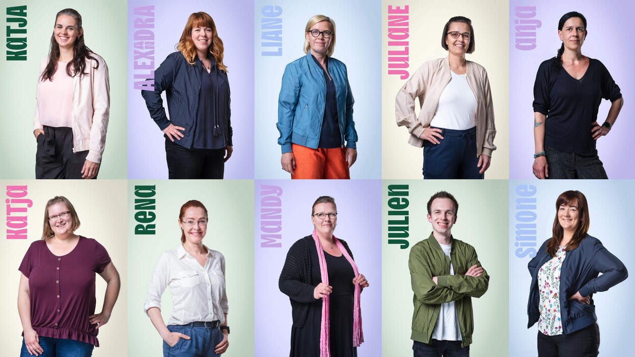 Ten staff portraits of the Balance team against pastel backgrounds, each with the first name set vertically in color