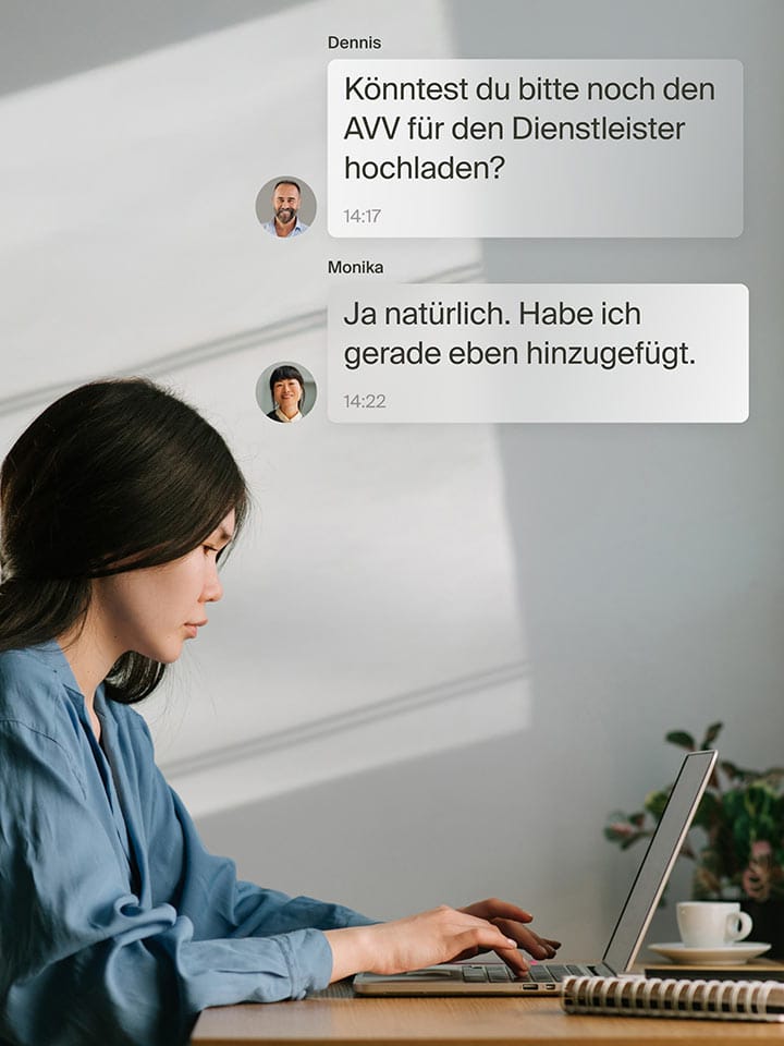 Woman at her laptop communicating via chat messages