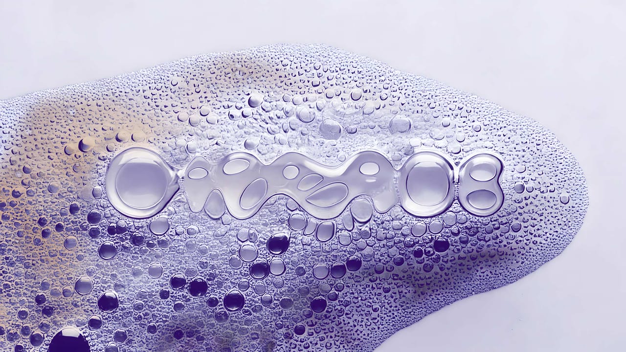 The DiNABIOS logo as a glassy, liquid shape in violet foam and soap bubbles