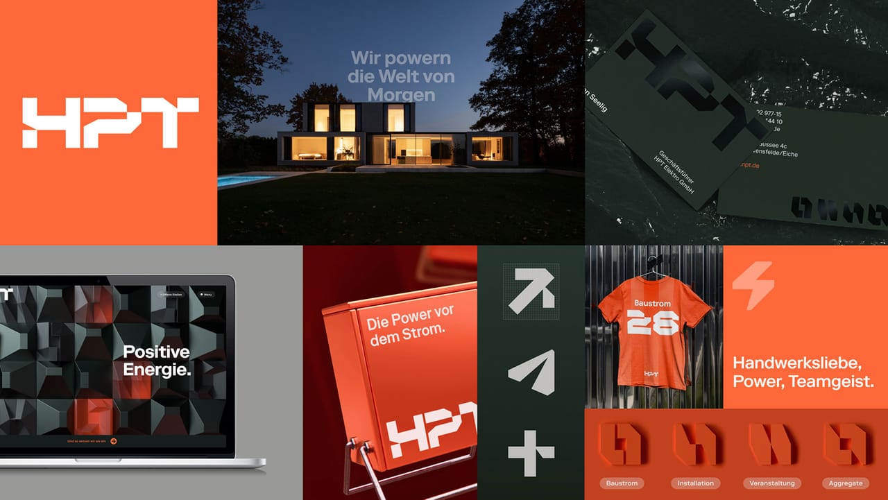 HPT brand board: orange logo tile, house at night with “Wir powern die Welt von Morgen”, business cards, laptop website “Positive Energie.”, red power box, arrow symbols, the Baustrom shirt with “Handwerksliebe, Power, Teamgeist.” and the four service icons