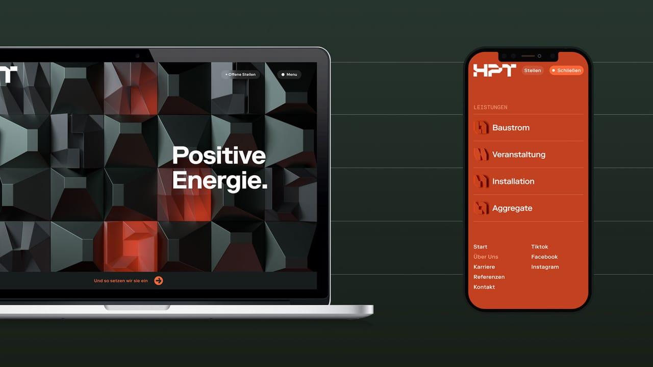 HPT website on a laptop (“Positive Energie.”) and the mobile menu with the four services on a phone, on a dark green background