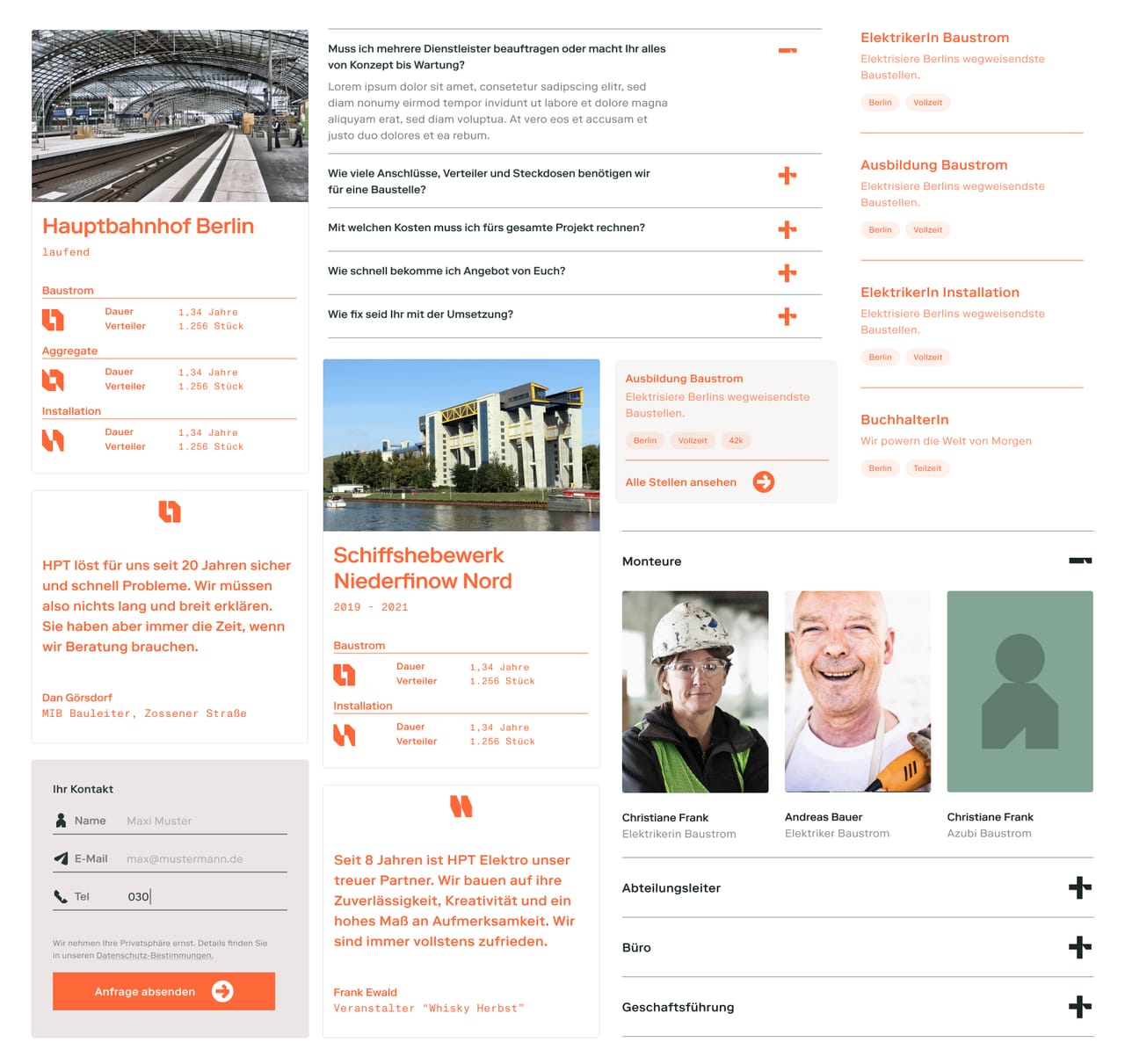 HPT website design: project pages for Hauptbahnhof Berlin and Schiffshebewerk Niederfinow Nord, FAQ list, job listings and the team of fitters