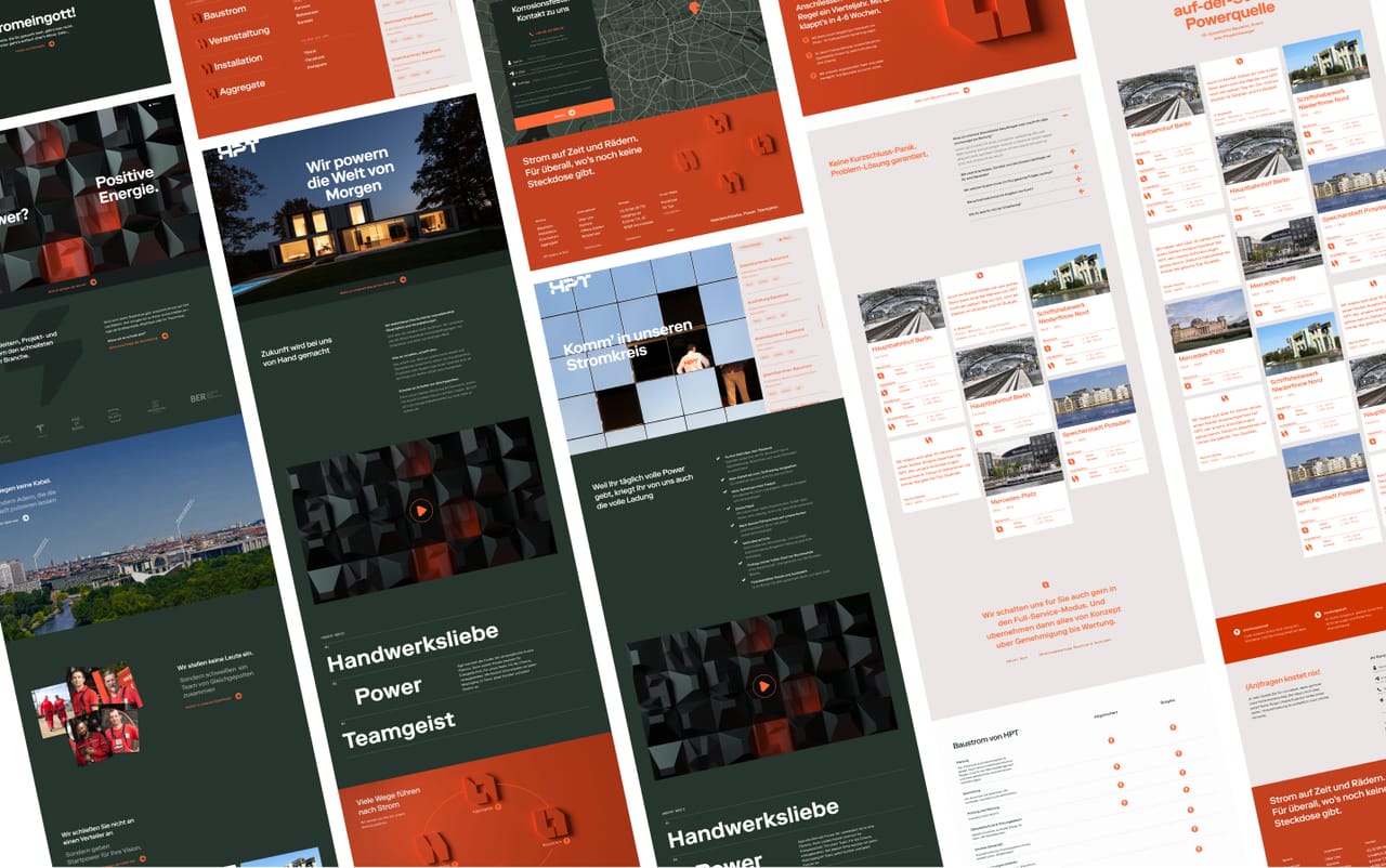 Overview of many tilted HPT website pages in orange, dark green and grey