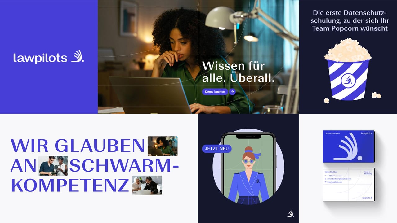 lawpilots brand board: logo, campaign ad “Wissen für alle. Überall.”, popcorn ad, the headline “Wir glauben an Schwarmkompetenz”, the app with crew member Lucy Law and business cards