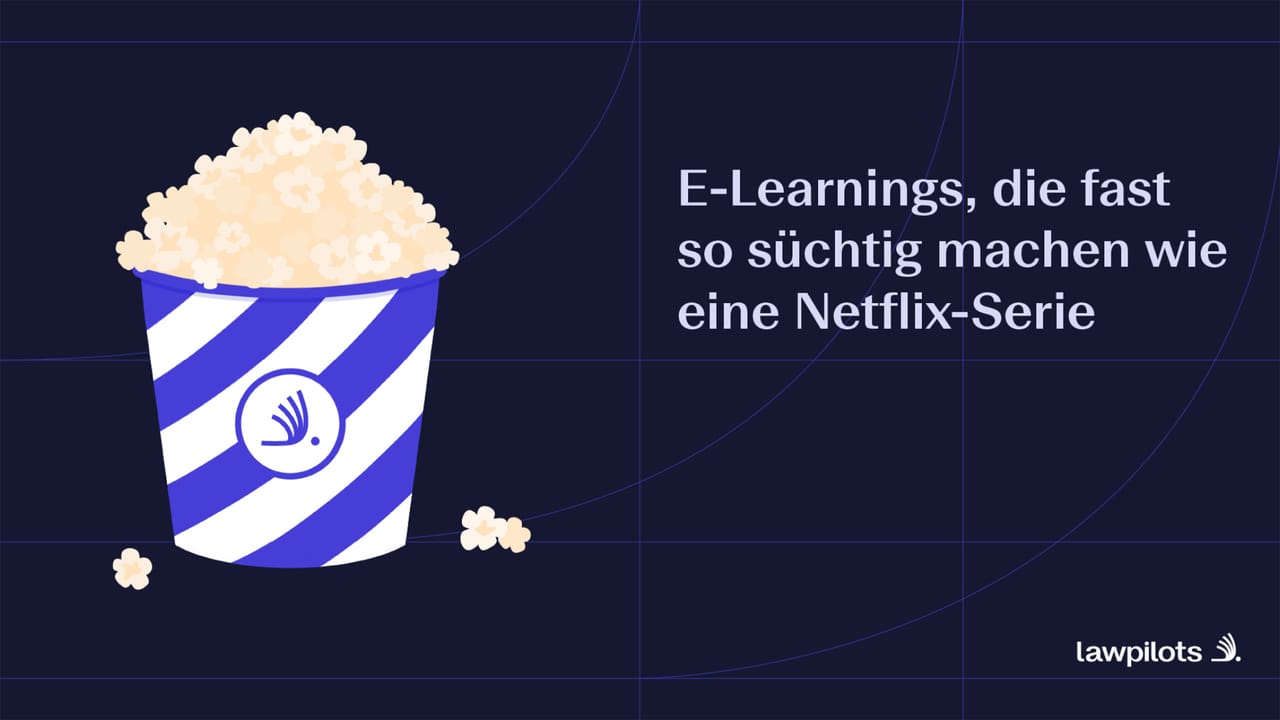 Illustrated ad with a striped popcorn bucket: “E-Learnings, die fast so süchtig machen wie eine Netflix-Serie”