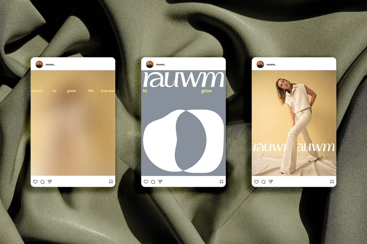 Three Instagram posts on green fabric: a blurred gradient, the rauwm signet on grey and a model in cream