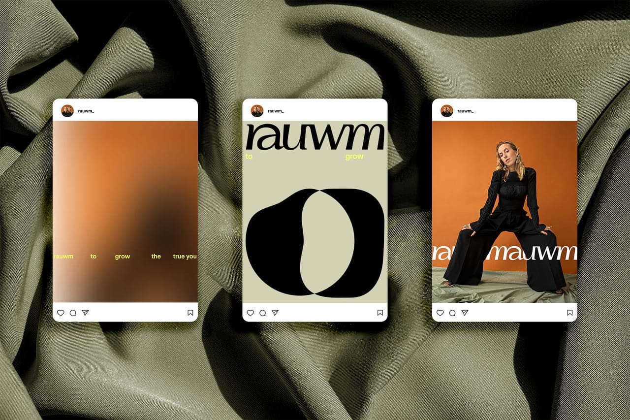 Three Instagram posts on green fabric: a blurred gradient, the rauwm signet in black on beige and a model in black