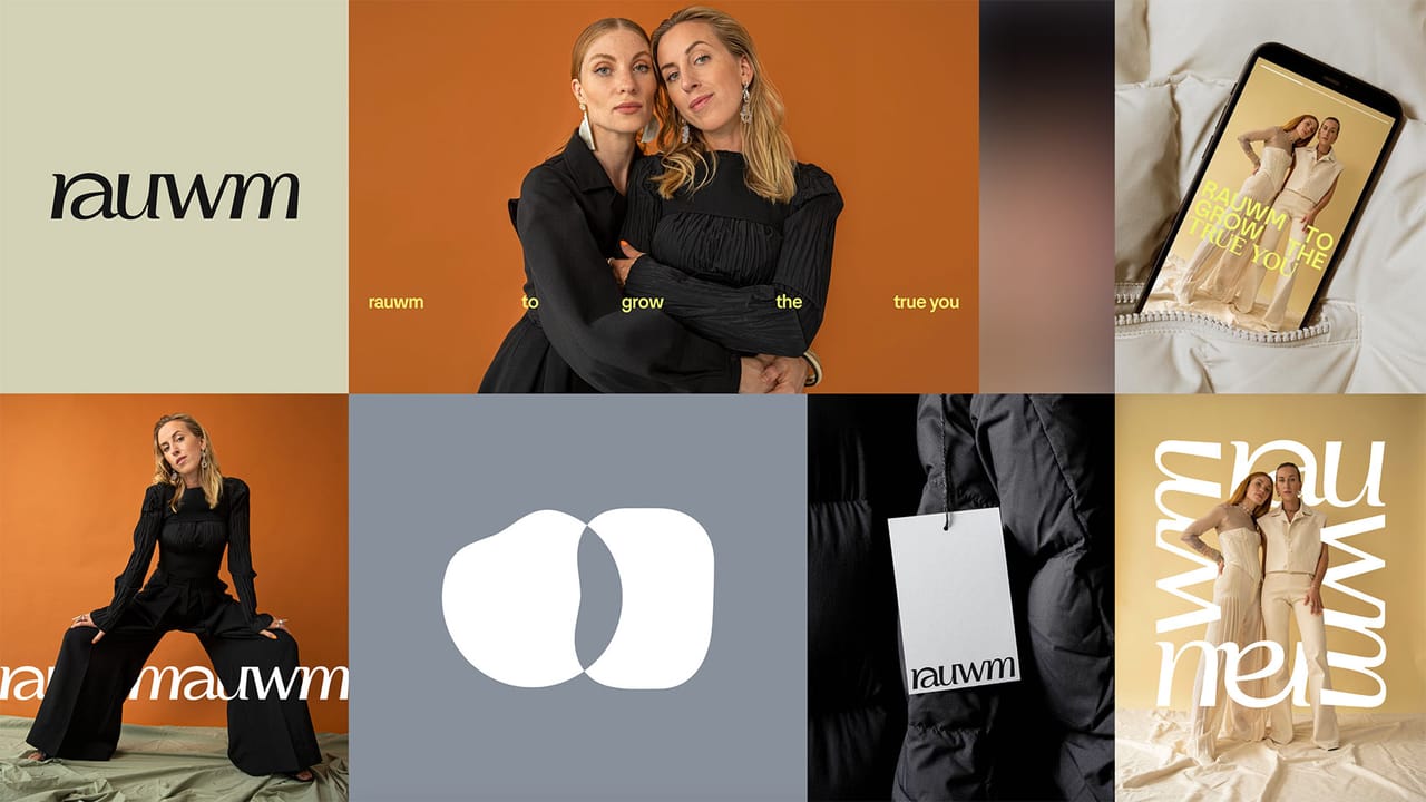 rauwm brand board: wordmark on beige, the two founders on orange, a phone with a story, a model in a black suit, the signet, a clothing tag and a model in cream