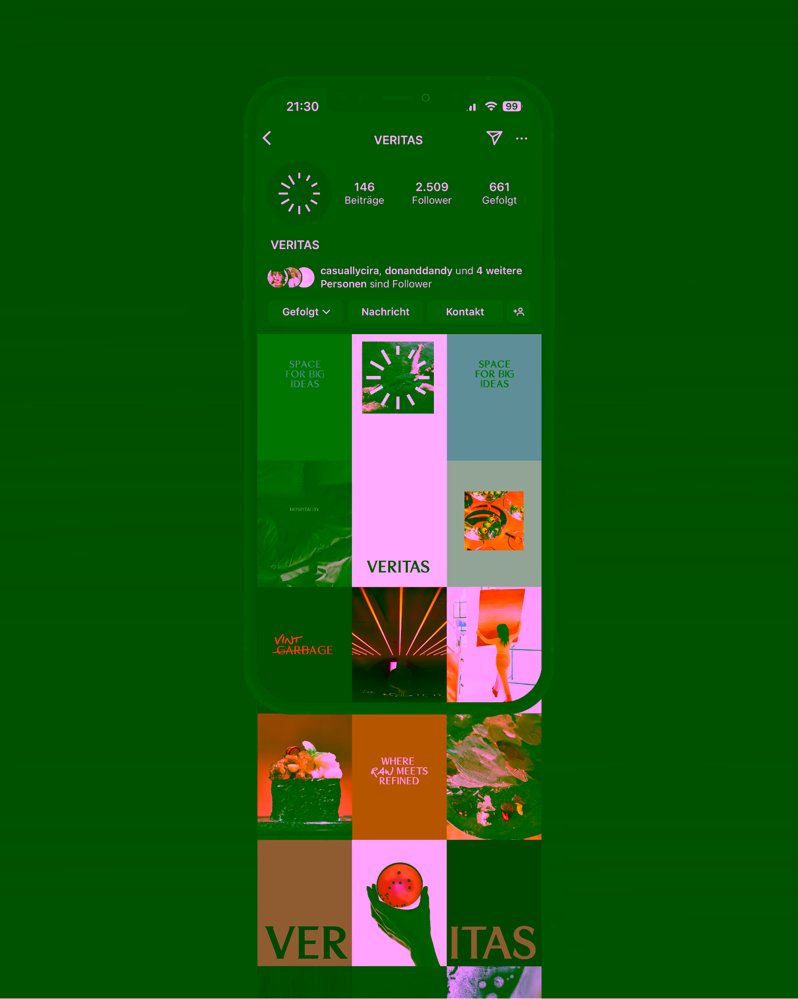The VERITAS Instagram profile on a phone against a dark brown background