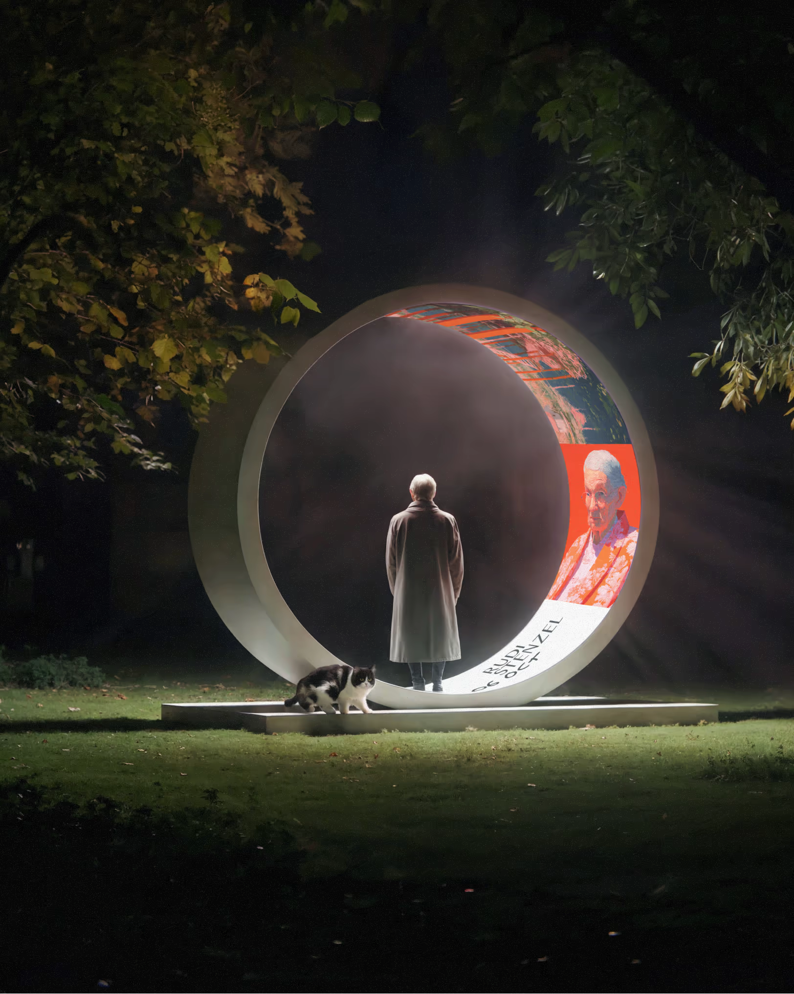 A round VERITAS display like a portal in a park at night, with a person standing in front of it