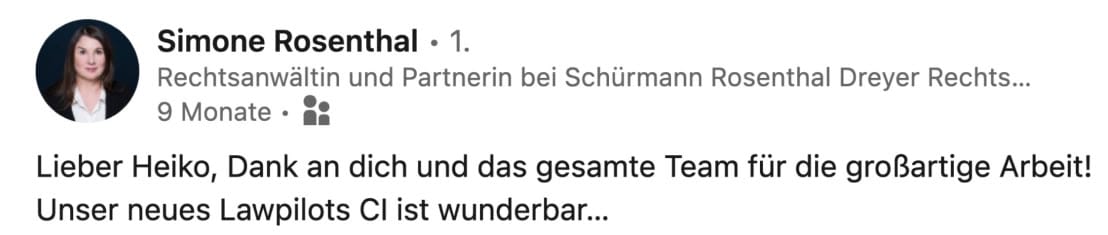 LinkedIn-Post von Anwältin Simone Rosenthal über Teamarbeit.